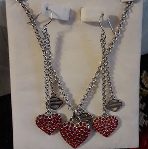 HARLEY DAVIDSON Silver Heart Pendant Necklace & Earrings with Red Rhinestones